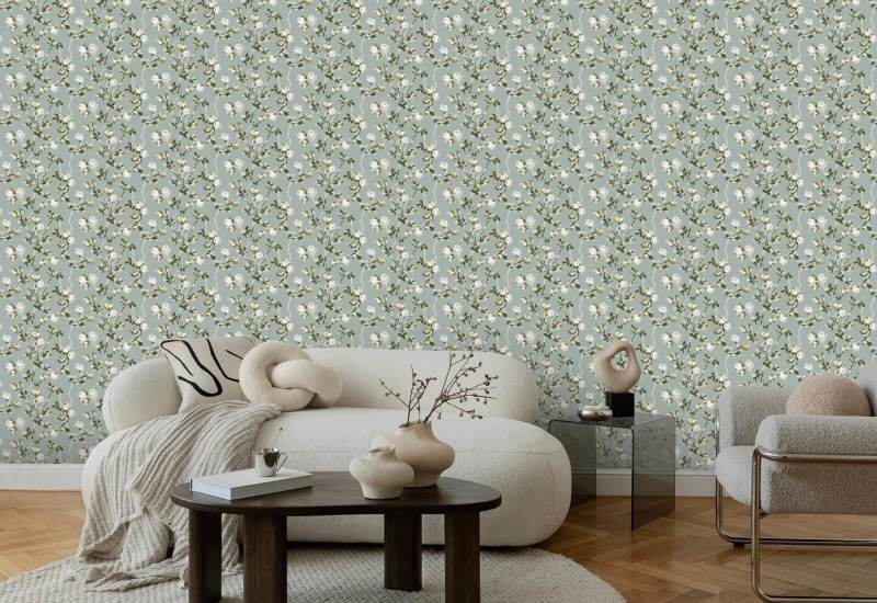 Rose Thorns Ash Blue Floral Wallpaper
