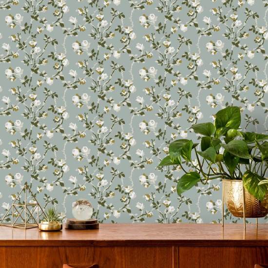 Rose Thorns Ash Blue Floral Wallpaper