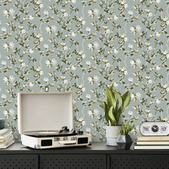 Rozendoornen Asblauw bloemenbehang