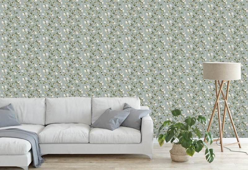 Épines de rose Papier peint floral bleu cendré