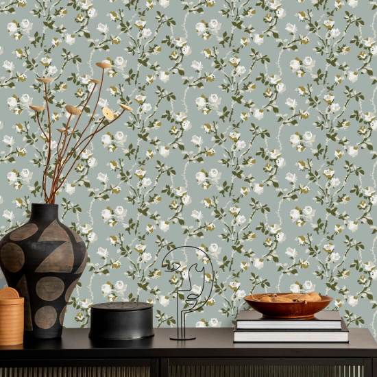 Rose Thorns Ash Blue Floral Wallpaper
