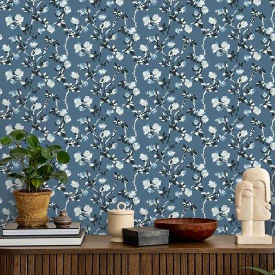 Rose Thorns Blue Salt Floral Wallpaper