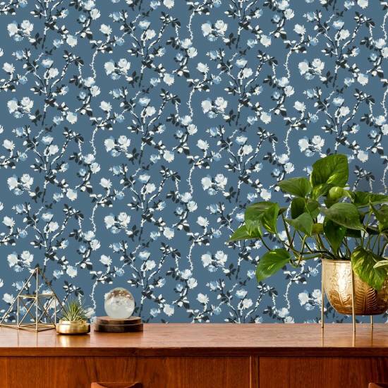 Rose Thorns Blue Salt Floral Wallpaper