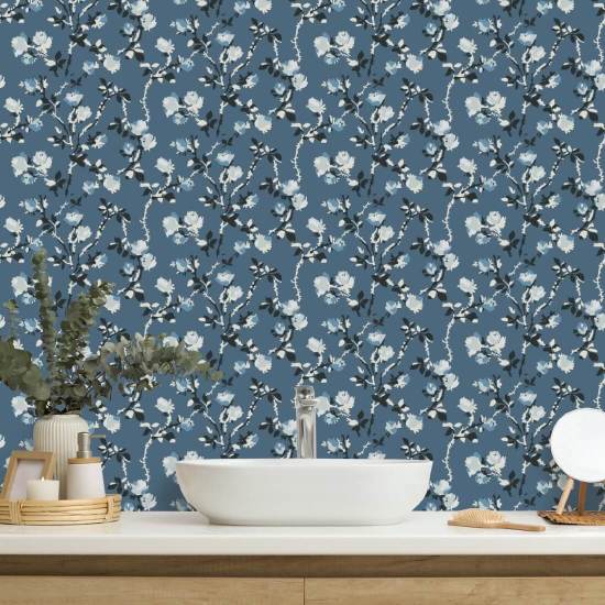 Espinas rosas Papel pintado floral de sal azul