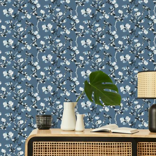 Rose Thorns Blue Salt Floral Wallpaper
