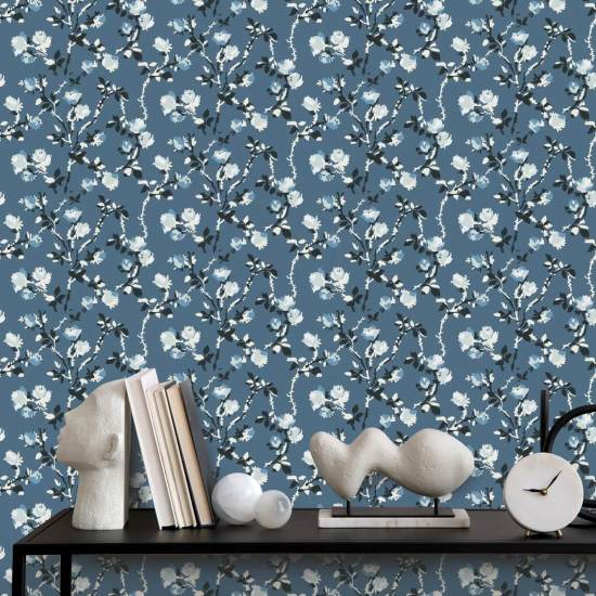 Rose Thorns Blue Salt Floral Wallpaper