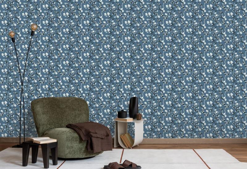 Rozendoornen Blauw zout bloemenbehang