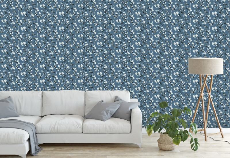 Rose Thorns Blue Salt Floral Wallpaper