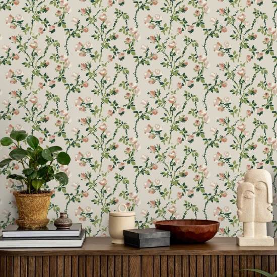 Espinas rosas Papel pintado floral de jardín de marfil