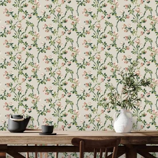 Rose Thorns Ivory Garden Floral Wallpaper