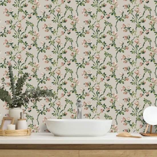 Rose Thorns Ivory Garden Floral Wallpaper