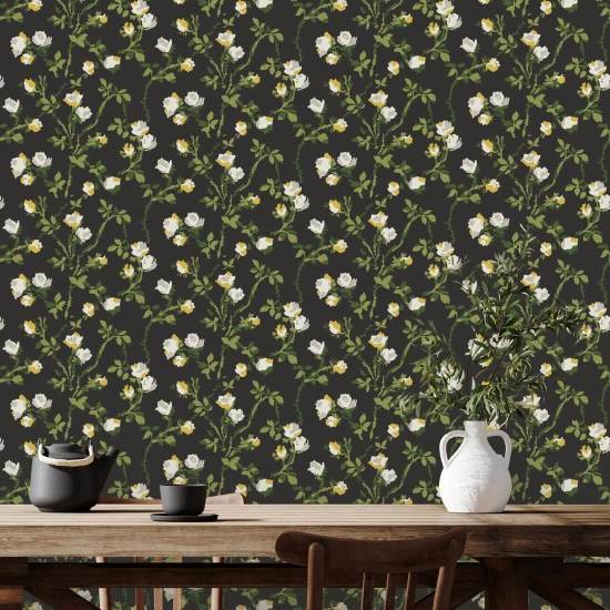 Espinhos de rosa Papel de parede floral preto de fuligem