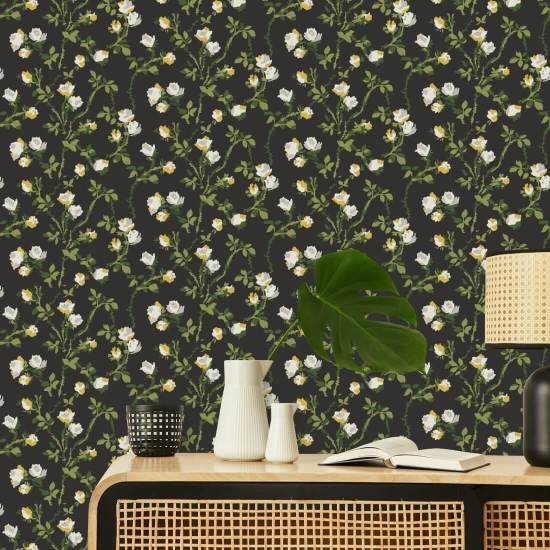 Rose Thorns Soot Black Floral Wallpaper