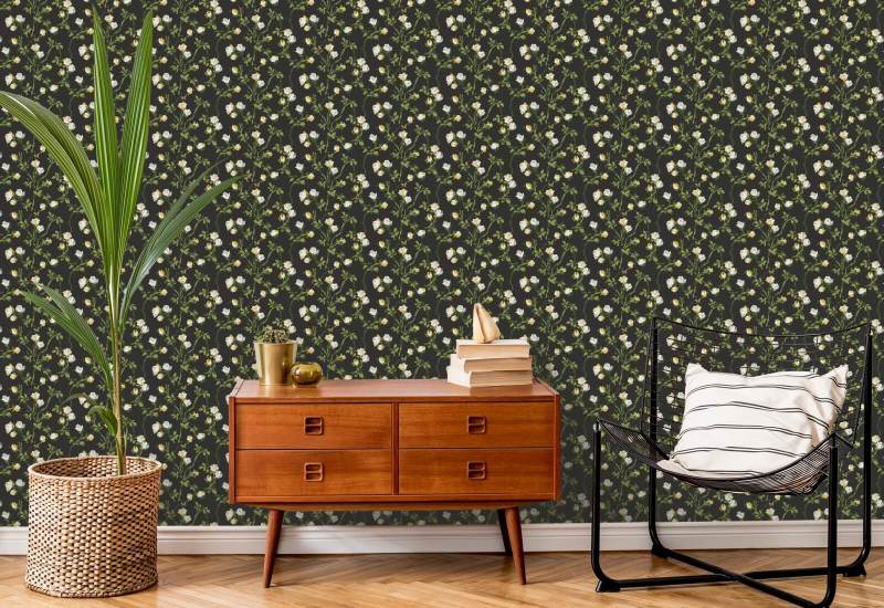 Espinhos de rosa Papel de parede floral preto de fuligem