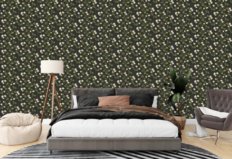Espinhos de rosa Papel de parede floral preto de fuligem
