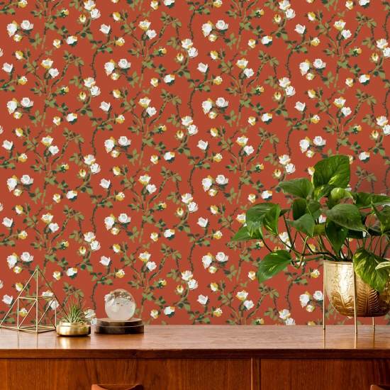 Rose Thorns Vermilliom Floral Wallpaper