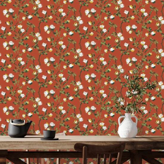 Rose Thorns Vermilliom Floral Wallpaper