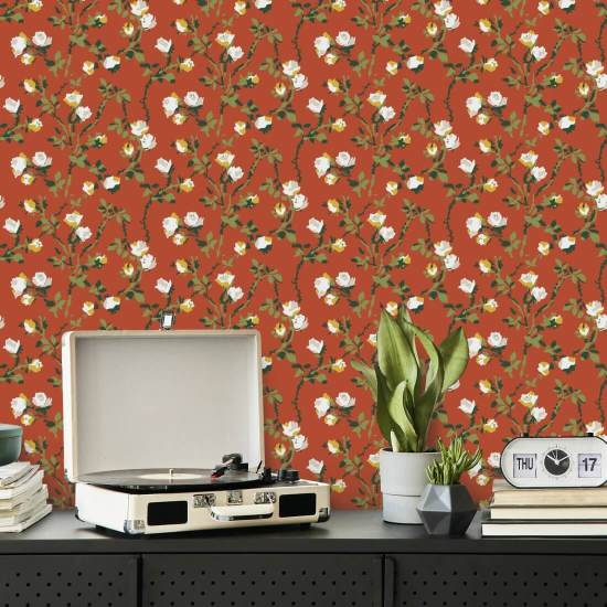 Espinas rosas Papel pintado floral bermellón