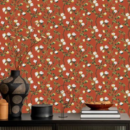Rose Thorns Vermilliom Floral Wallpaper