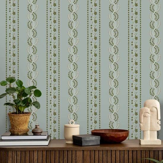 Botanic Stripe Ash Blue Floral Wallpaper