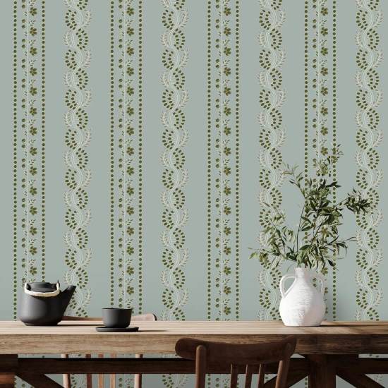 Rayure botanique Papier peint floral bleu cendré