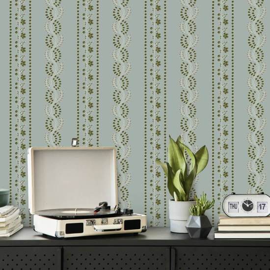 Botanic Stripe Ash Blue Floral Wallpaper