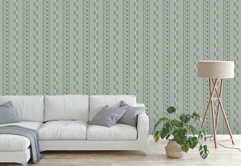 Botanic Stripe Papel pintado floral azul ceniza