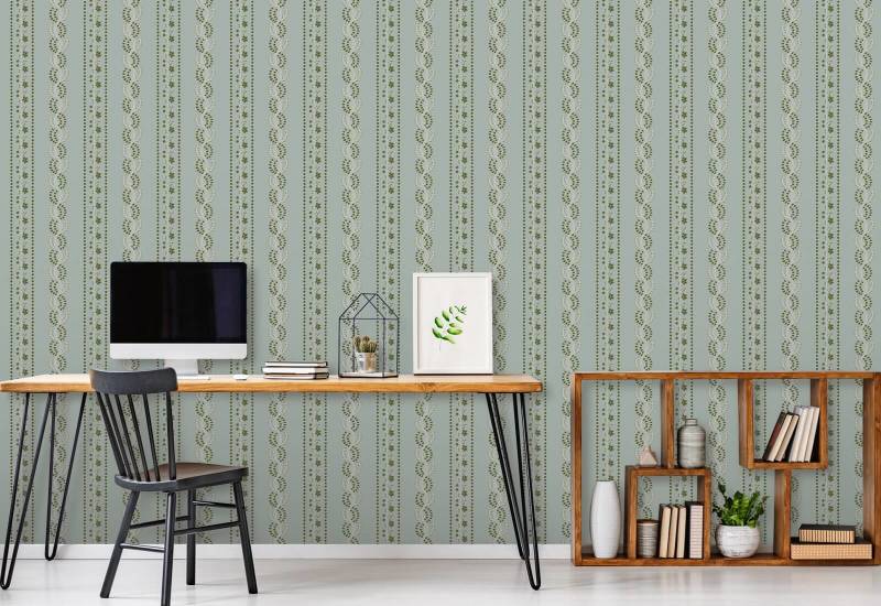 Botanic Stripe Ash Blue Floral Wallpaper