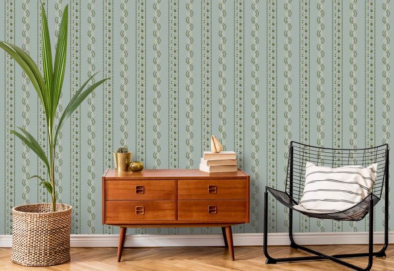 Botanic Stripe Ash Blue Floral Wallpaper