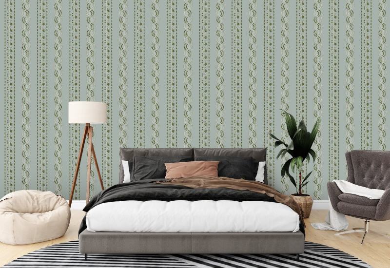 Botanische streep Asblauw bloemenbehang