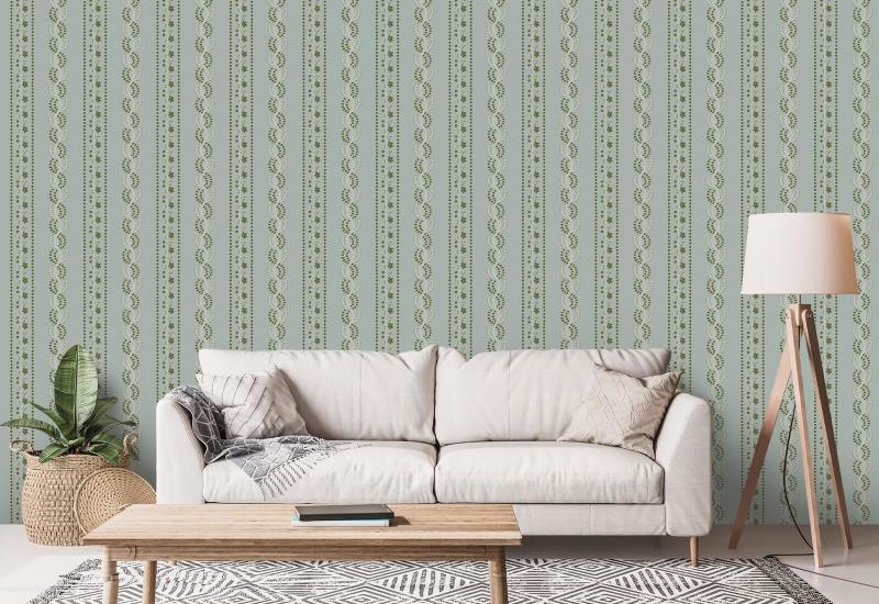 Rayure botanique Papier peint floral bleu cendré