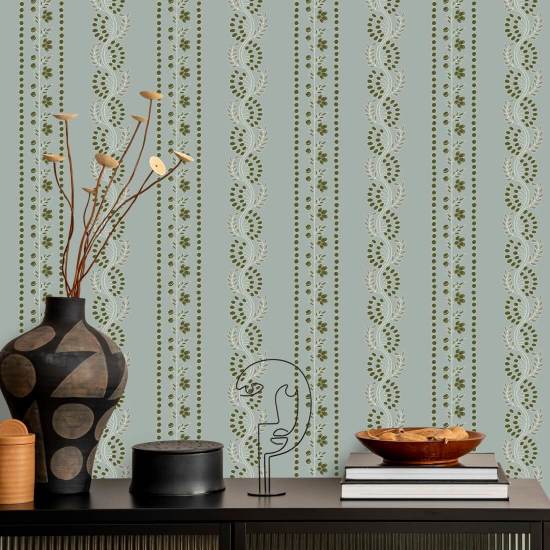 Botanic Stripe Papel pintado floral azul ceniza