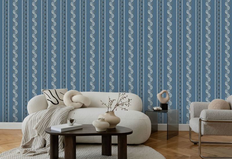 Rayure botanique Papier peint floral Blue Salt