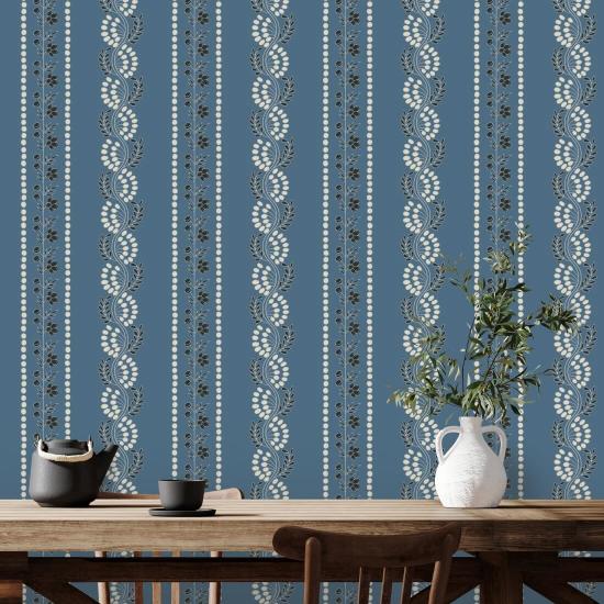 Botanic Stripe Blue Salt Floral Wallpaper