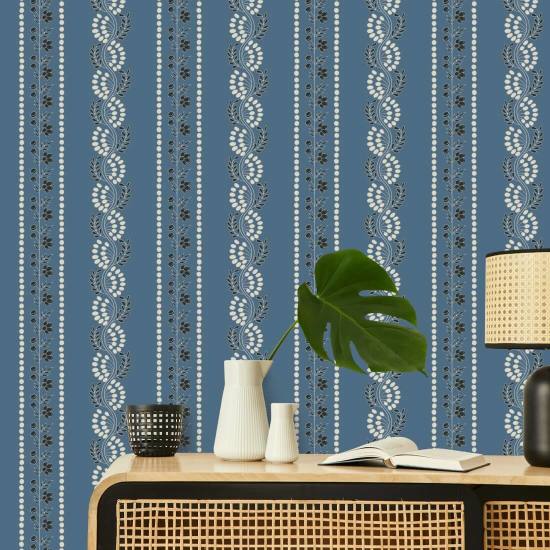 Botanic Stripe Blue Salt Floral Wallpaper