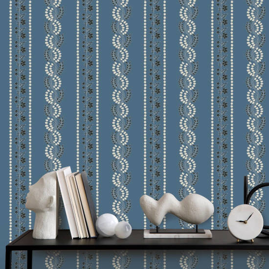Botanic Stripe Blue Salt Floral Wallpaper