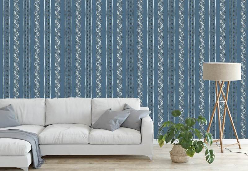 Botanische streep Blauw zout bloemenbehang