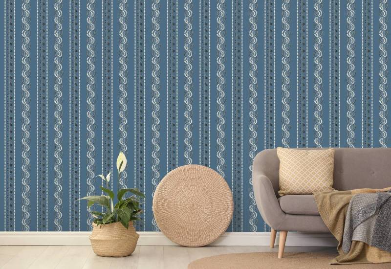 Botanic Stripe Blue Salt Floral Wallpaper