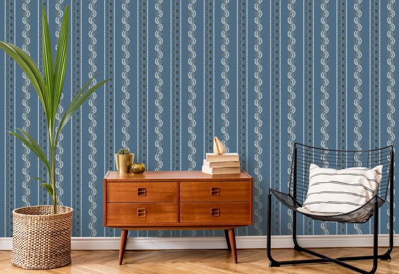 Botanic Stripe Blue Salt Floral Wallpaper