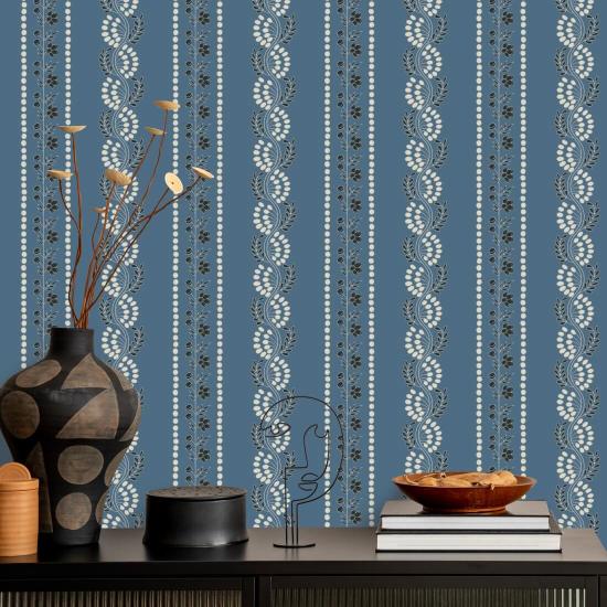 Botanic Stripe Blue Salt Floral Wallpaper