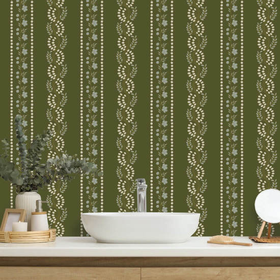 Rayure botanique Papier peint Olive Floral