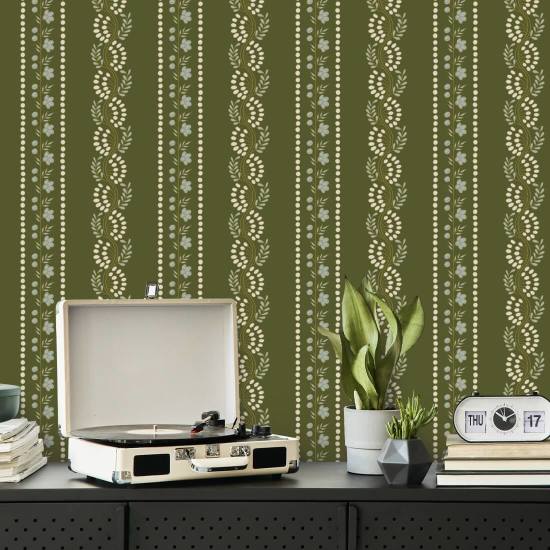 Botanische streep Olijfgroen bloemenbehang