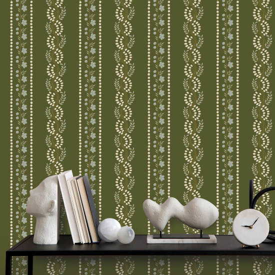 Rayure botanique Papier peint Olive Floral