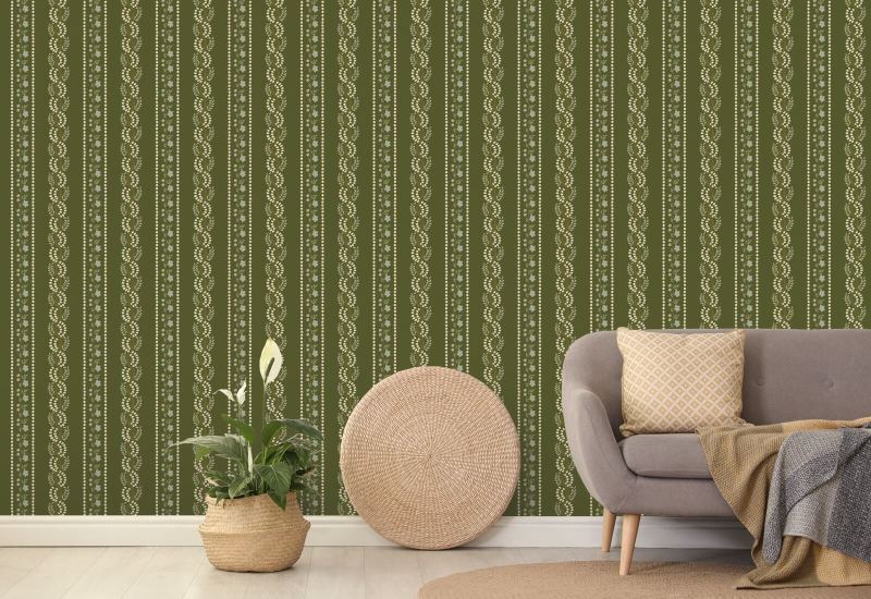 Botanic Stripe Olive Floral Wallpaper