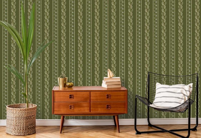 Botanic Stripe Olive Floral Wallpaper
