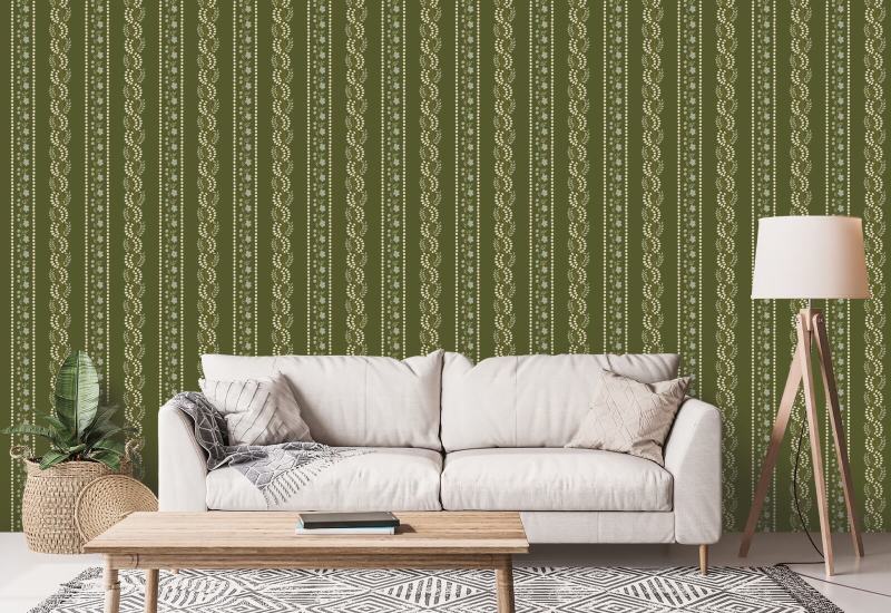 Rayure botanique Papier peint Olive Floral