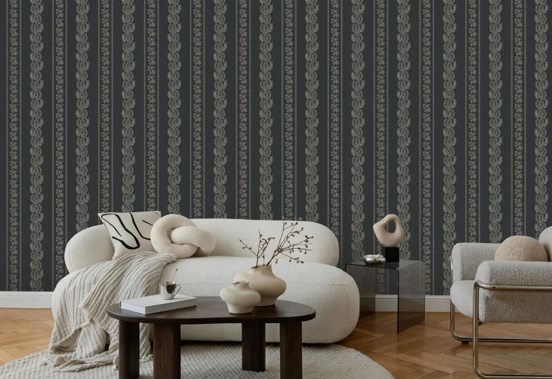Botanic Stripe Soot Black Floral Wallpaper