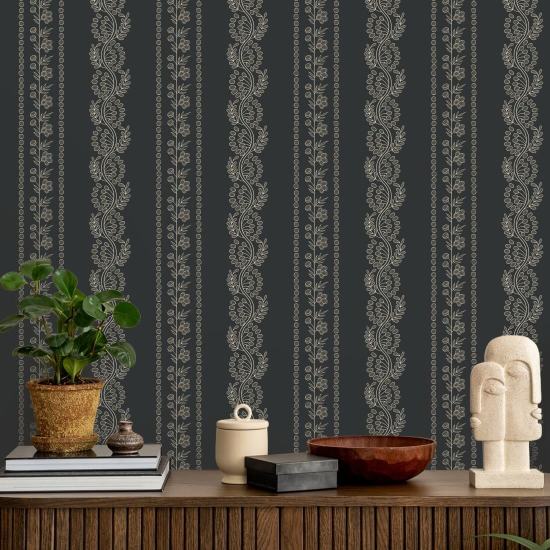 Botanic Stripe Soot Black Floral Wallpaper