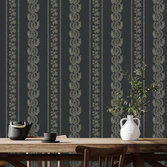 Botanic Stripe Soot Black Floral Wallpaper