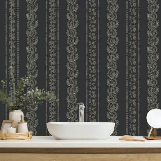 Botanic Stripe Soot Black Floral Wallpaper